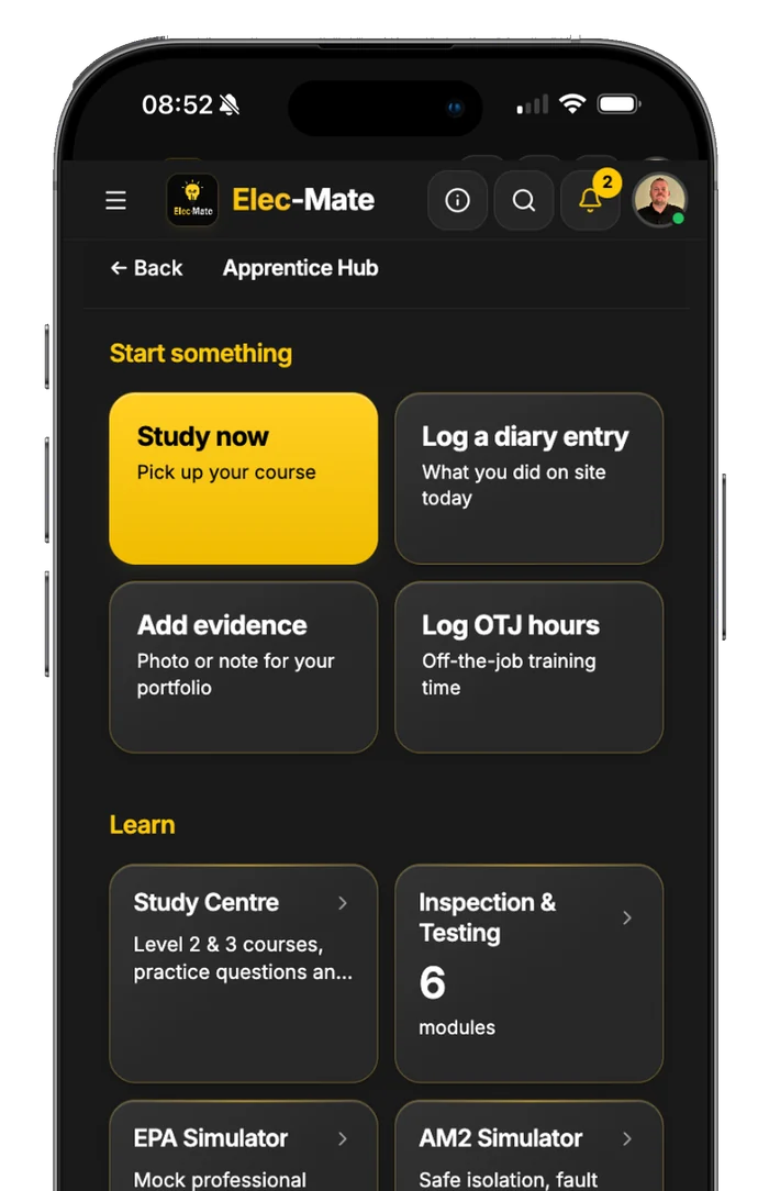 The Elec-Mate Apprentice Hub — study, diary, evidence and off-the-job hours