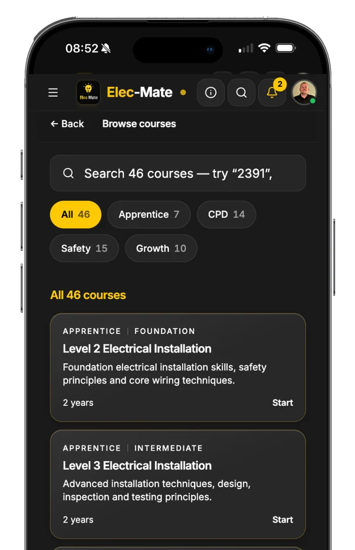 Browse courses in Elec-Mate — Level 2, Level 3, AM2 preparation and more