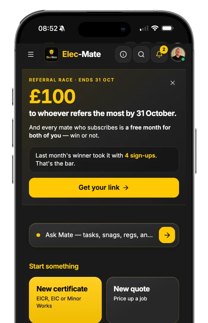 The Elec-Mate dashboard — start a certificate, quote or invoice, and see what's overdue