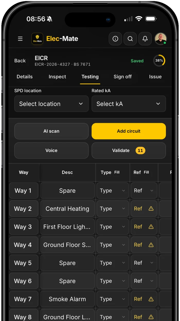 An EICR schedule of tests being filled in, circuit by circuit